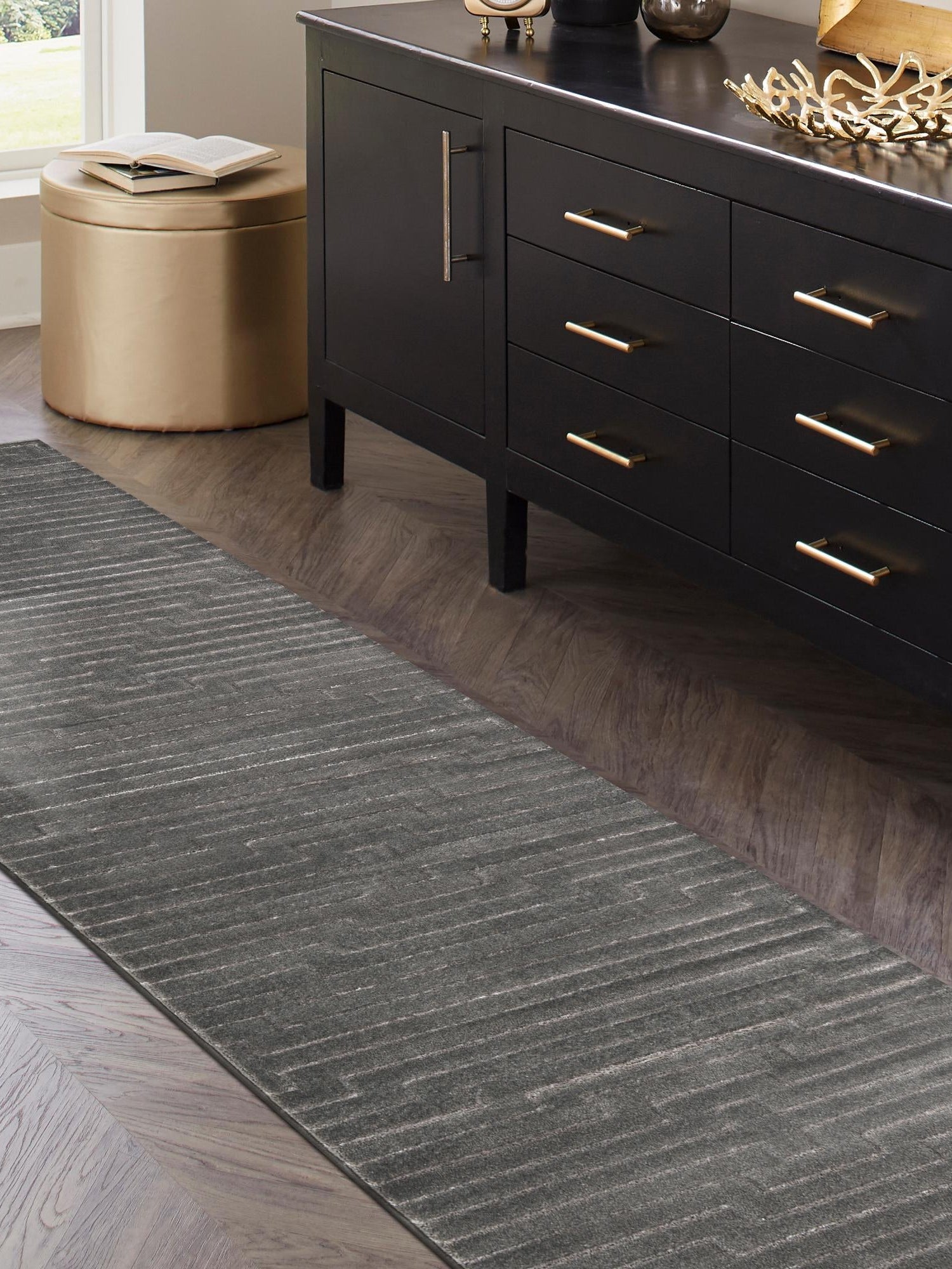 Gray and Silver 2' 7 x 12' Vogue Geo Runner Area Rug Geometric Glam Style Shiny Accents Carpet Mat for Unique Interior Design & Home Decor for Sale at Rug Engine