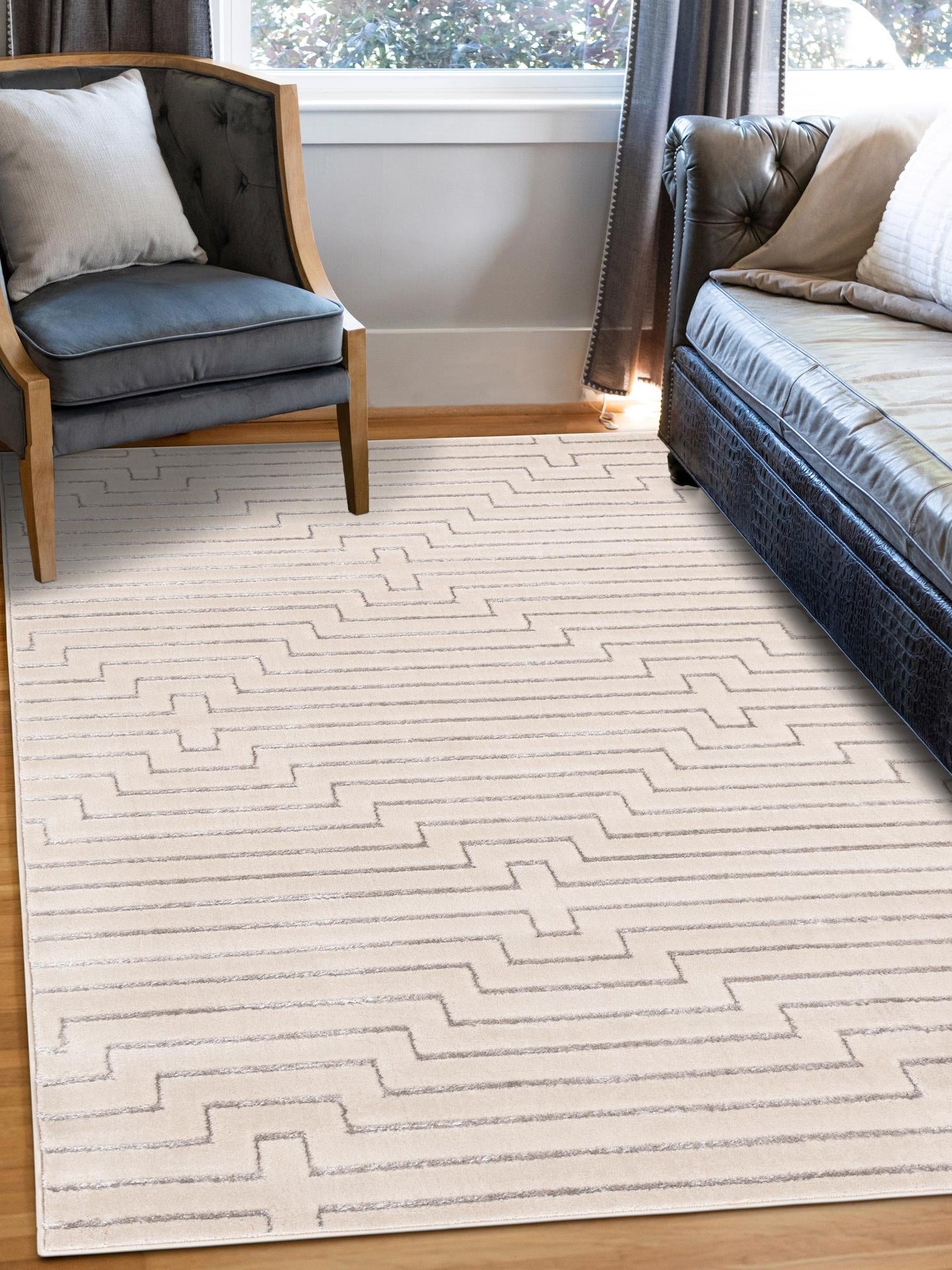 White and Silver 5' 3 x 7' 1 Vogue Geo Rectangle Area Rug Geometric Glam Style Shiny Accents Carpet Mat for Unique Interior Design & Home Decor for Sale at Rug Engine