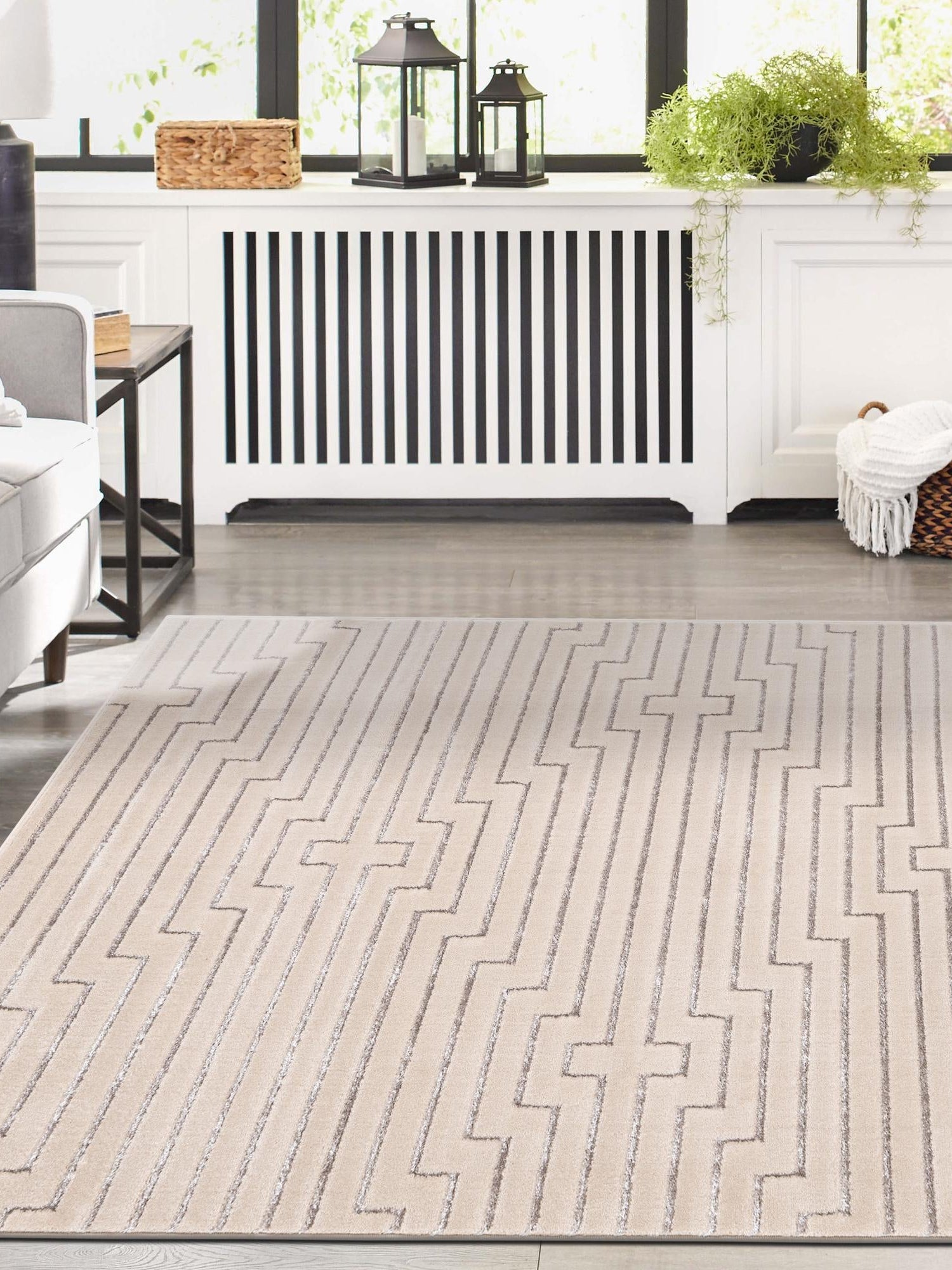White and Silver 5' 3 x 7' 1 Vogue Geo Rectangle Area Rug Geometric Glam Style Shiny Accents Carpet Mat for Unique Interior Design & Home Decor for Sale at Rug Engine
