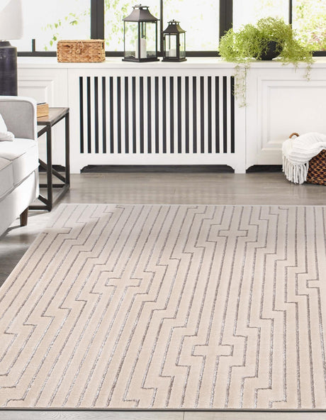 White and Silver 7' 10 x 10' Vogue Geo Rectangle Area Rug Geometric Glam Style Shiny Accents Carpet Mat for Unique Interior Design & Home Decor for Sale at Rug Engine