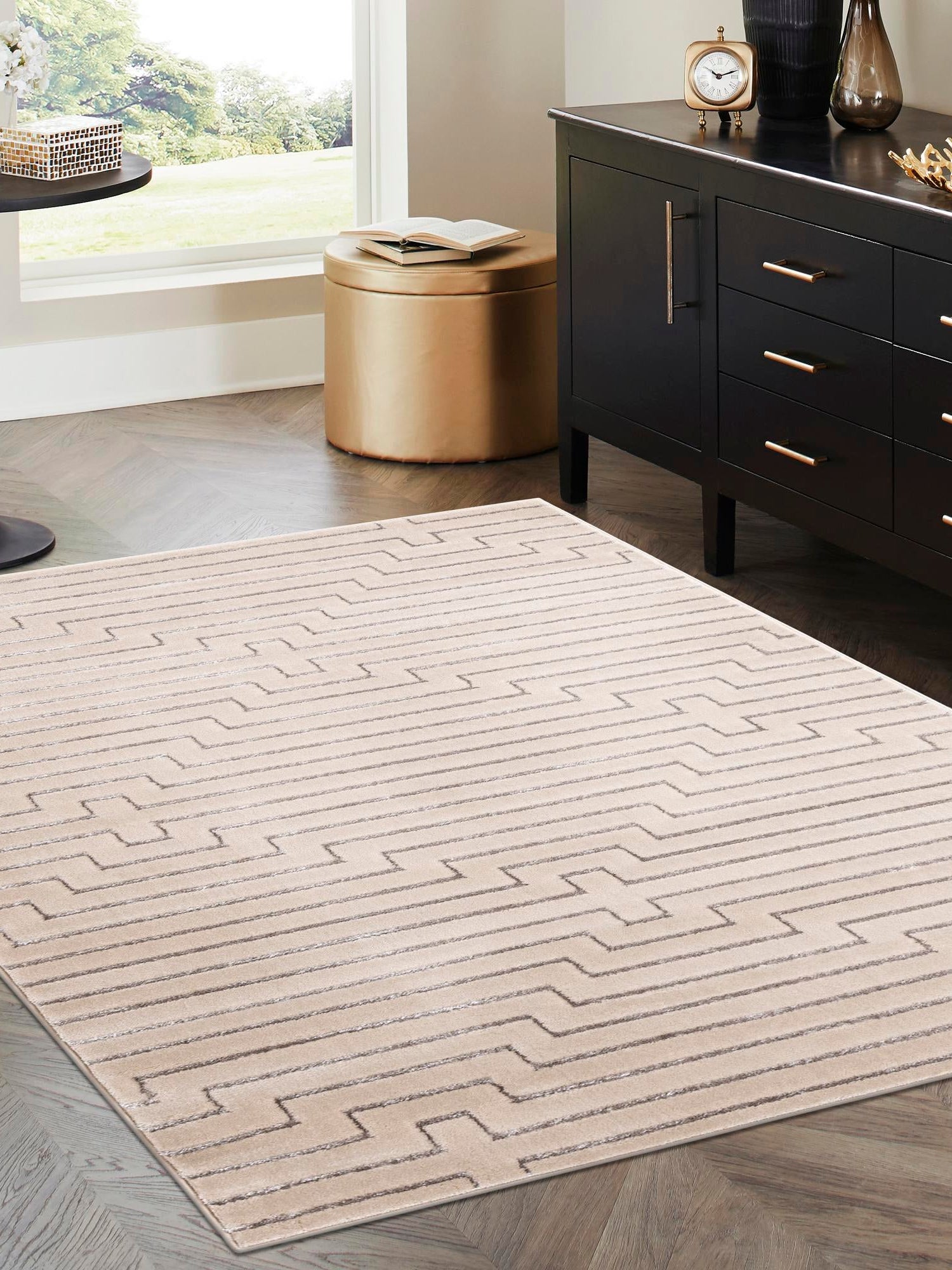 White and Silver 5' 3 x 8' Vogue Geo Rectangle Area Rug Geometric Glam Style Shiny Accents Carpet Mat for Unique Interior Design & Home Decor for Sale at Rug Engine