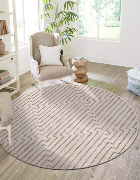 White and Silver 7' 10 x 7' 10 Vogue Geo Round Area Rug Geometric Glam Style Shiny Accents Carpet Mat for Unique Interior Design & Home Decor for Sale at Rug Engine
