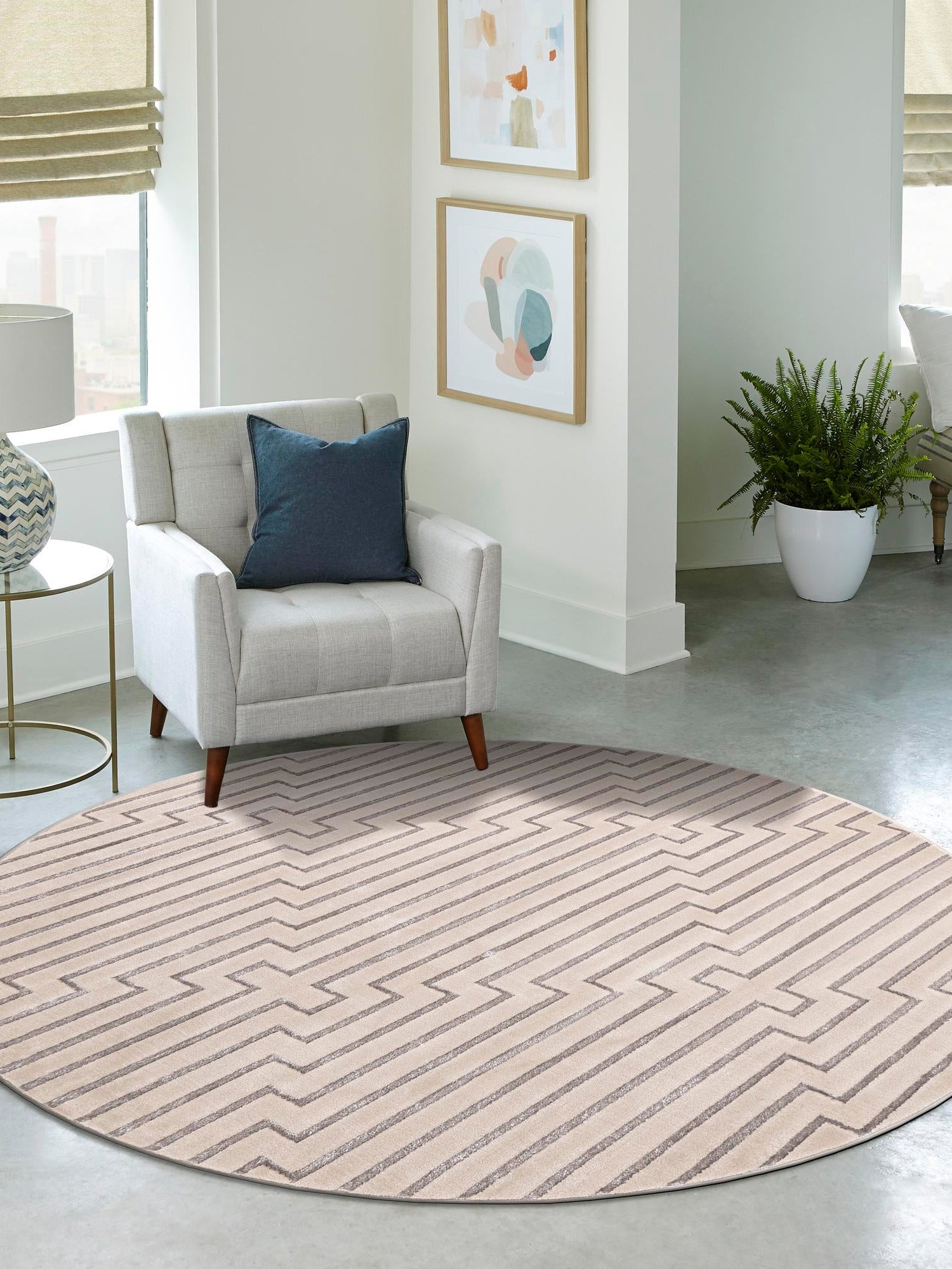 White and Silver 7' 10 x 7' 10 Vogue Geo Round Area Rug Geometric Glam Style Shiny Accents Carpet Mat for Unique Interior Design & Home Decor for Sale at Rug Engine