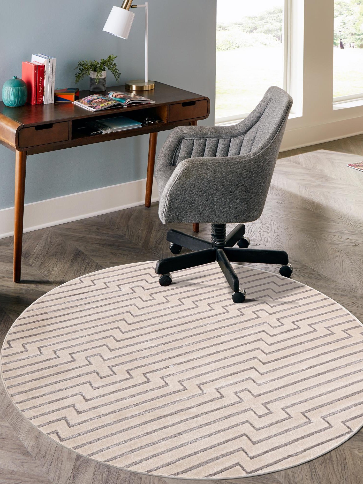 White and Silver 7' 10 x 7' 10 Vogue Geo Round Area Rug Geometric Glam Style Shiny Accents Carpet Mat for Unique Interior Design & Home Decor for Sale at Rug Engine