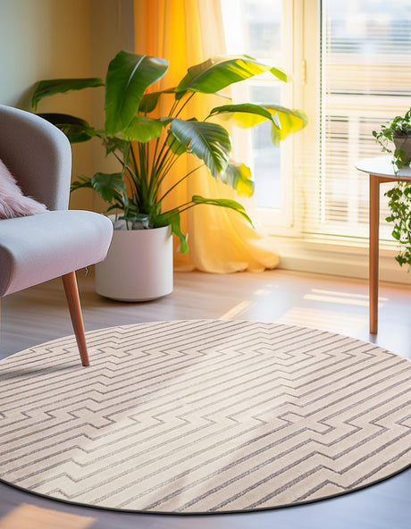 White and Silver 10' x 10' Vogue Geo Round Area Rug Geometric Glam Style Shiny Accents Carpet Mat for Unique Interior Design & Home Decor for Sale at Rug Engine