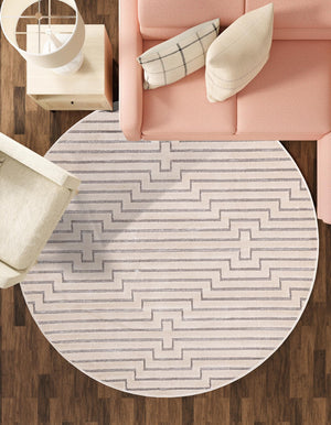 White and Silver 6' 1 x 6' 1 Vogue Geo Round Area Rug Geometric Glam Style Shiny Accents Carpet Mat for Unique Interior Design & Home Decor for Sale at Rug Engine