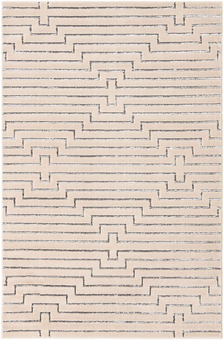 White and Silver 6' 1 x 9' Vogue Geo Rectangle Area Rug Geometric Glam Style Shiny Accents Carpet Mat for Unique Interior Design & Home Decor for Sale at Rug Engine