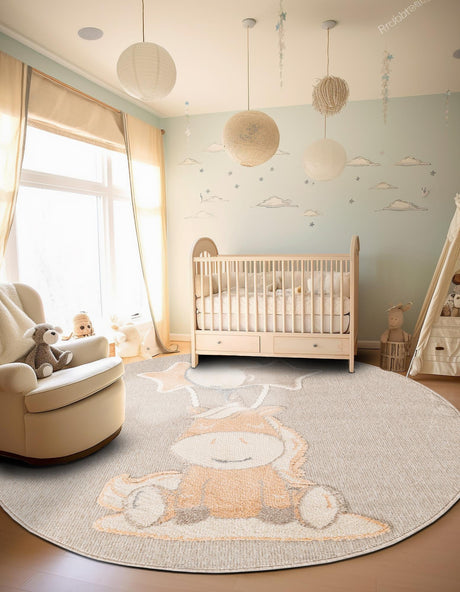 Peach Blossom 5' 1 x 5' 1 Whimsy Kids Round Area Rug for Baby Nursery, Toddler Playroom,  Bedrooms Playful Fun Design Easy Clean Carpet for Sale at Rug Engine
