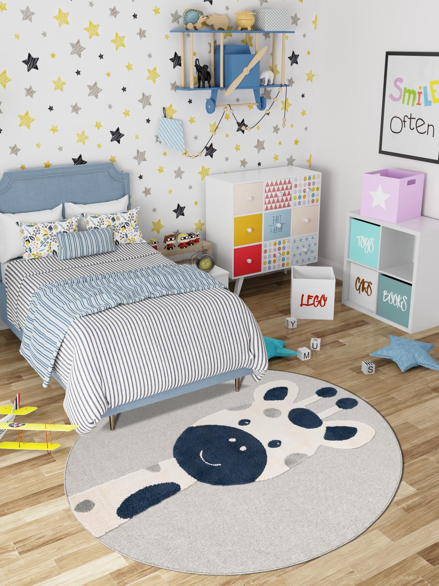 Gray 5' 1 x 5' 1 Whimsy Kids Round Area Rug for Baby Nursery, Toddler Playroom, Bedrooms