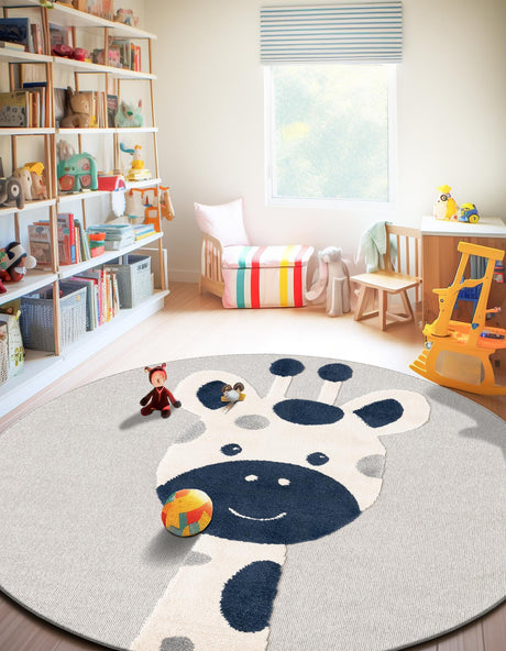 Gray 5' 1 x 5' 1 Whimsy Kids Round Area Rug for Baby Nursery, Toddler Playroom, Bedrooms