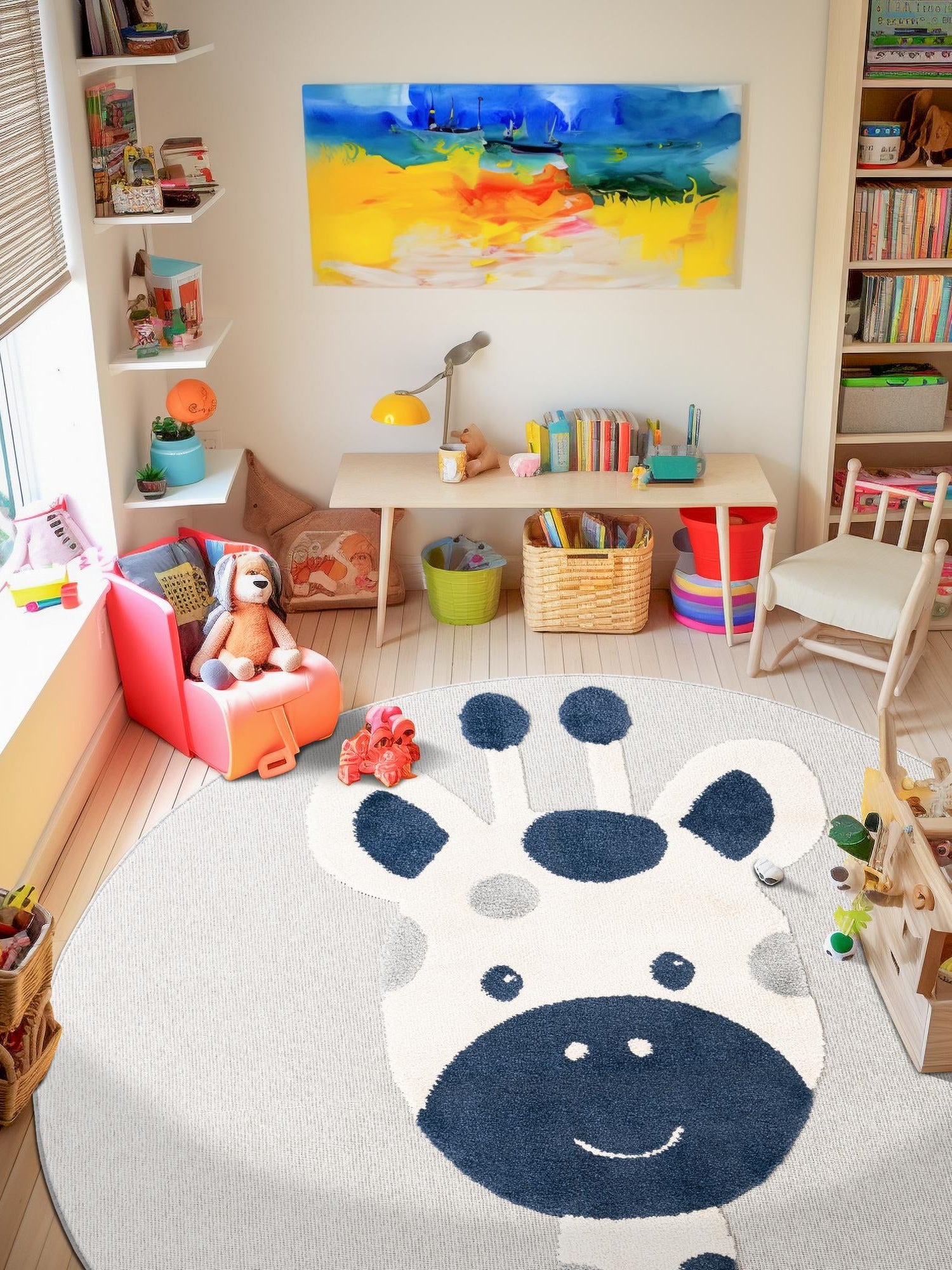 Gray 5' 1 x 5' 1 Whimsy Kids Round Area Rug for Baby Nursery, Toddler Playroom, Bedrooms