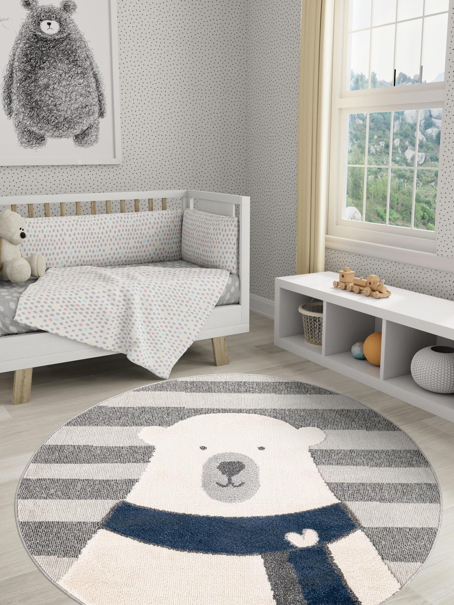 Gray 7' 1 x 7' 1 Whimsy Kids Round Area Rug for Baby Nursery, Toddler Playroom,  Bedrooms Playful Fun Design Easy Clean Carpet for Sale at Rug Engine