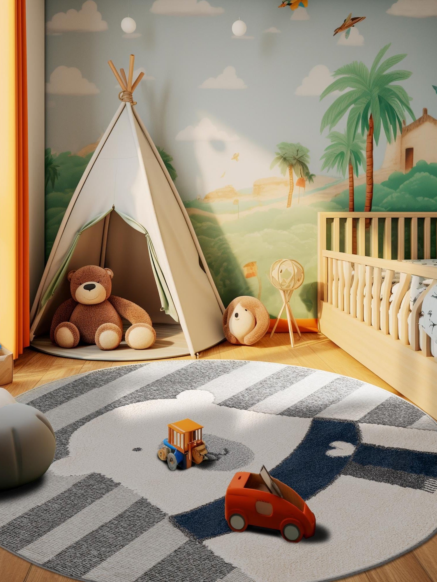 Gray 5' 1 x 5' 1 Whimsy Kids Round Area Rug for Baby Nursery, Toddler Playroom,  Bedrooms Playful Fun Design Easy Clean Carpet for Sale at Rug Engine