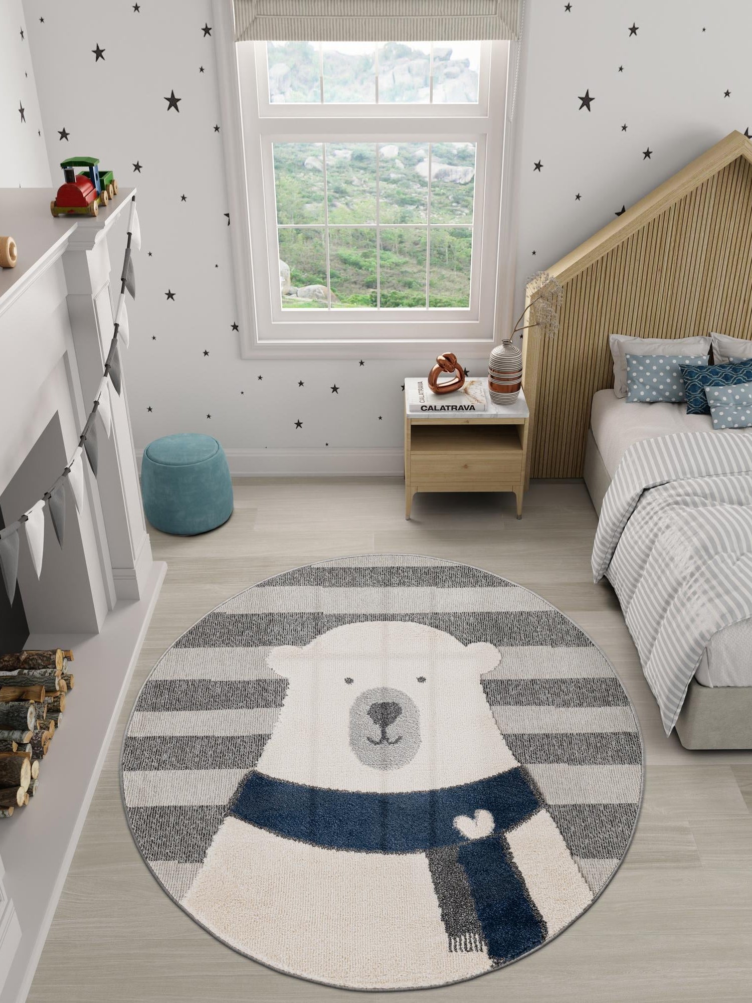 Gray 5' 1 x 5' 1 Whimsy Kids Round Area Rug for Baby Nursery, Toddler Playroom,  Bedrooms Playful Fun Design Easy Clean Carpet for Sale at Rug Engine