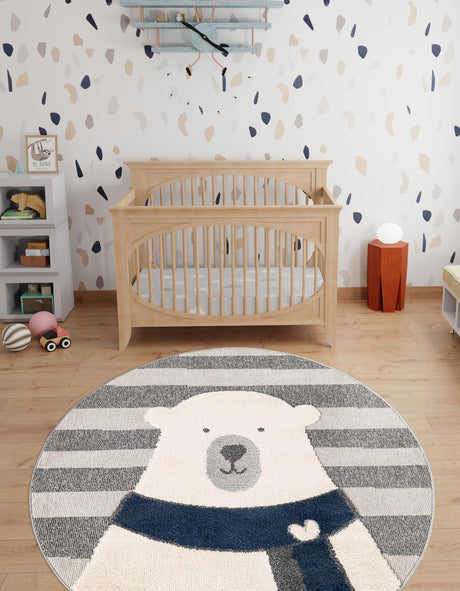 Gray 3' 1 x 3' 1 Whimsy Kids Round Area Rug for Baby Nursery, Toddler Playroom,  Bedrooms Playful Fun Design Easy Clean Carpet for Sale at Rug Engine