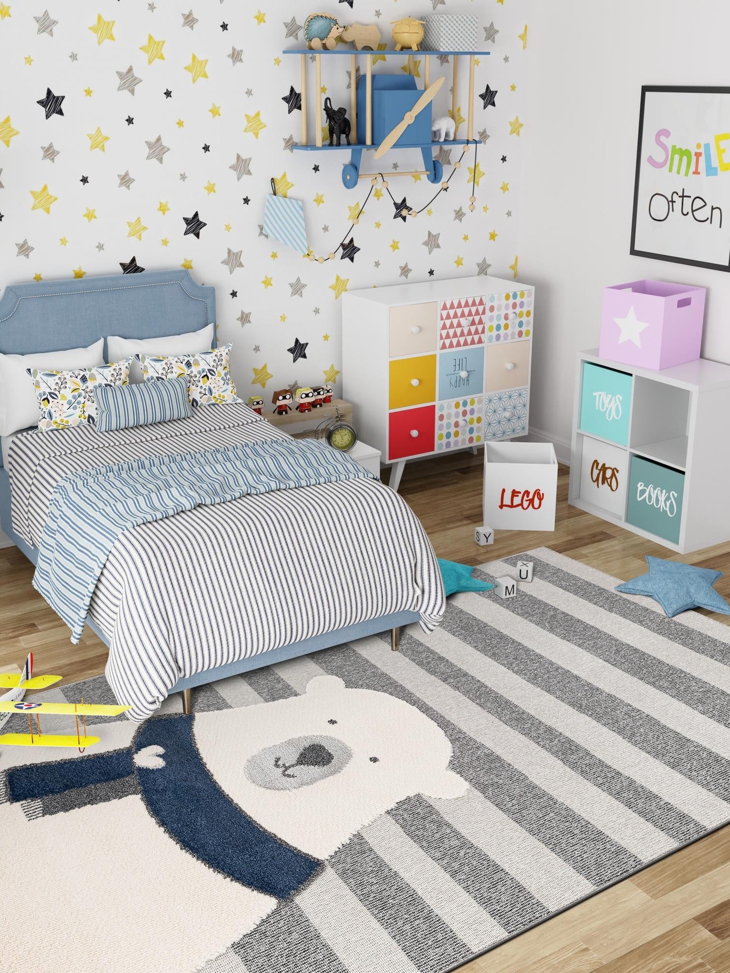 Gray 4' 1 x 6' 1 Whimsy Kids Rectangle Area Rug for Baby Nursery, Toddler Playroom,  Bedrooms Playful Fun Design Easy Clean Carpet for Sale at Rug Engine