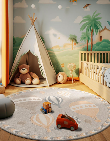 Multicolor 5' 1 x 5' 1 Whimsy Kids Round Area Rug for Baby Nursery, Toddler Playroom,  Bedrooms Playful Fun Design Easy Clean Carpet for Sale at Rug Engine