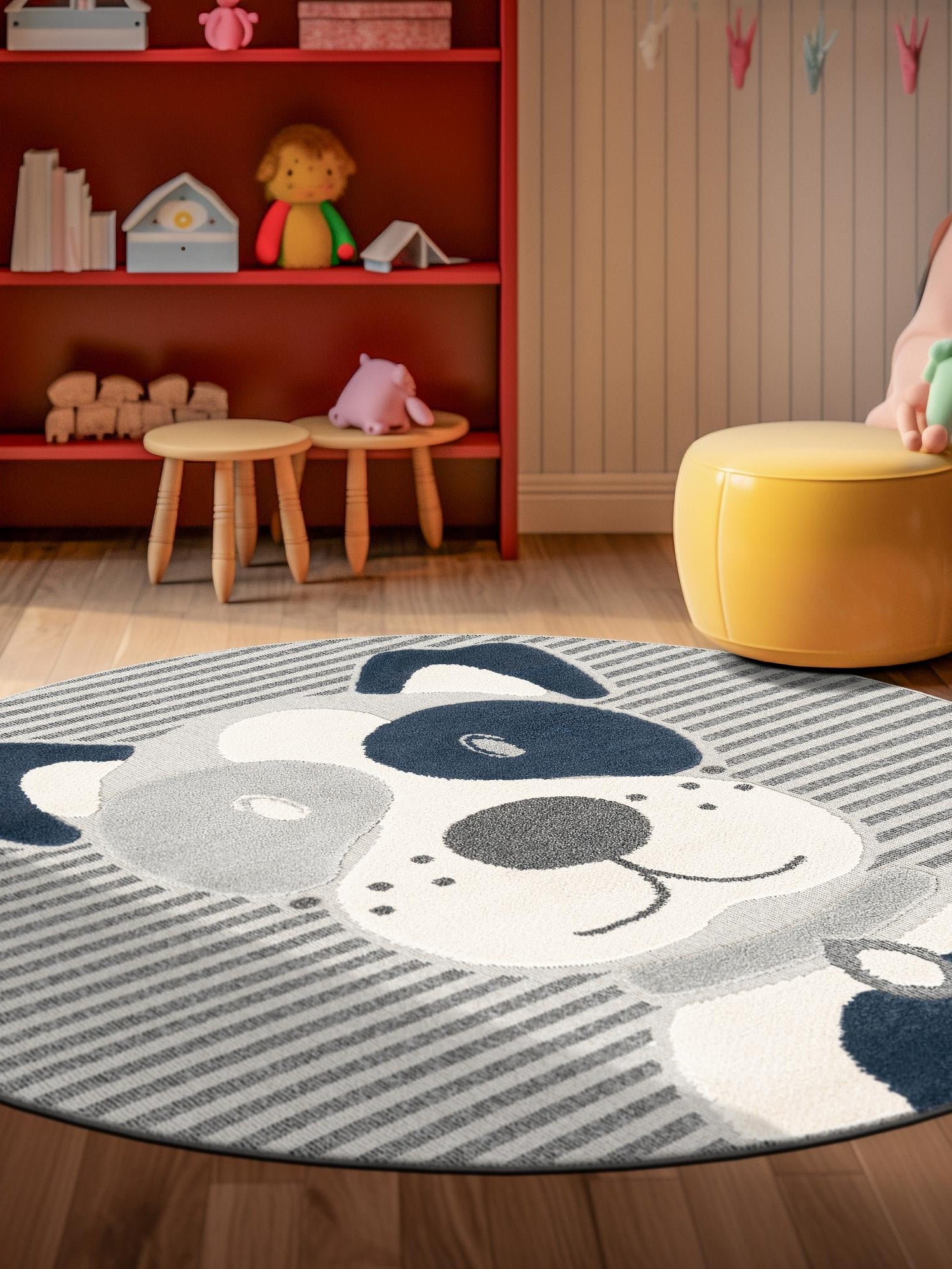 Blue and Gray 3' 1 x 3' 1 Whimsy Kids Round Area Rug for Baby Nursery, Toddler Playroom,  Bedrooms Playful Fun Design Easy Clean Carpet for Sale at Rug Engine