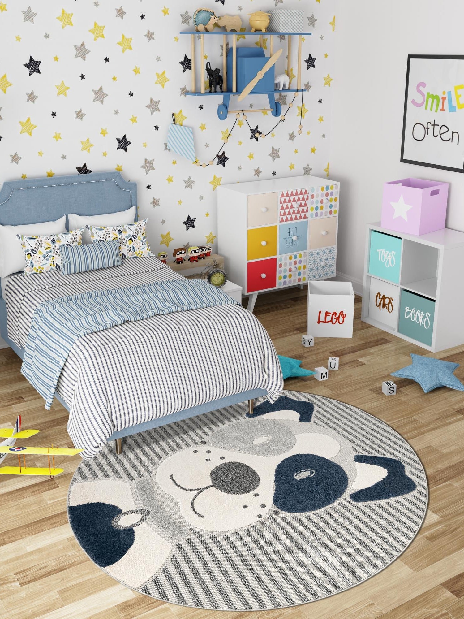 Blue and Gray 7' 1 x 7' 1 Whimsy Kids Round Area Rug for Baby Nursery, Toddler Playroom,  Bedrooms Playful Fun Design Easy Clean Carpet for Sale at Rug Engine