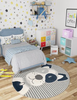 Blue and Gray 7' 1 x 7' 1 Whimsy Kids Round Rug