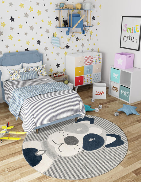Blue and Gray 7' 1 x 7' 1 Whimsy Kids Round Area Rug for Baby Nursery, Toddler Playroom,  Bedrooms Playful Fun Design Easy Clean Carpet for Sale at Rug Engine