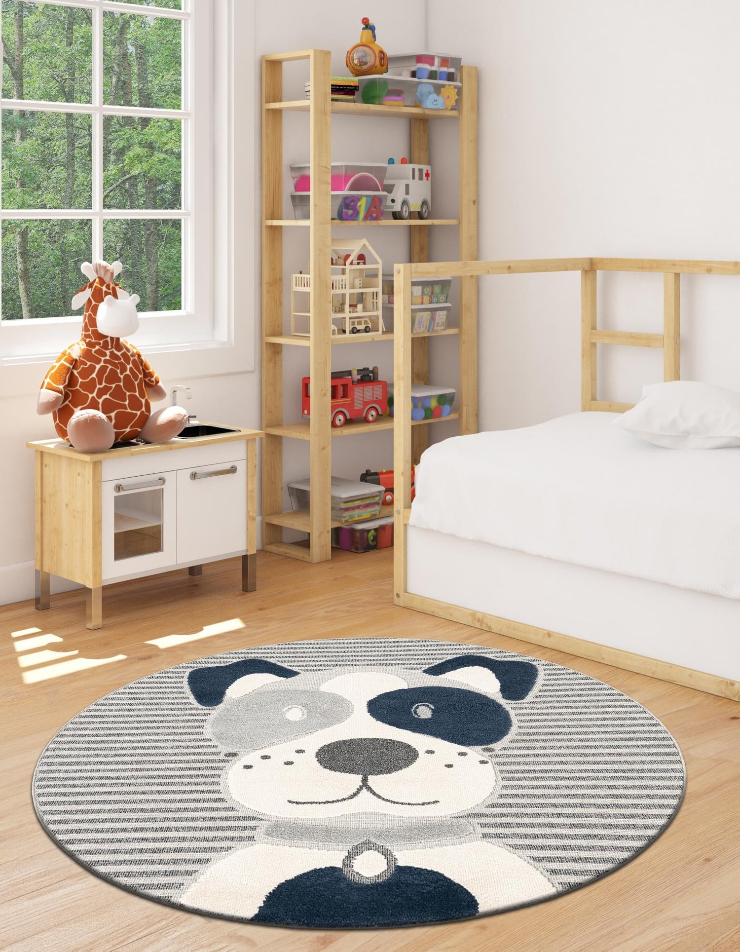 Blue and Gray 3' 1 x 3' 1 Whimsy Kids Round Area Rug for Baby Nursery, Toddler Playroom,  Bedrooms Playful Fun Design Easy Clean Carpet for Sale at Rug Engine