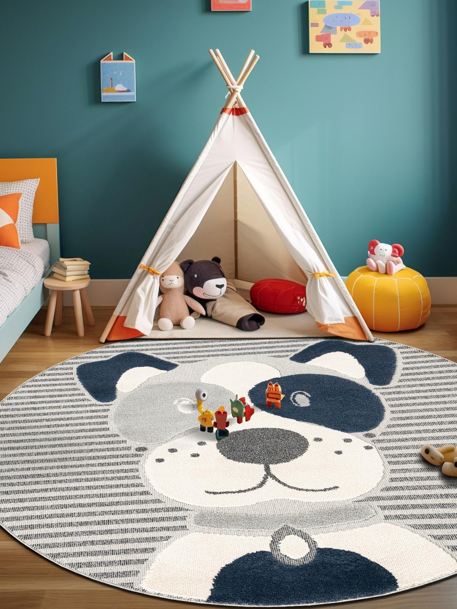 Blue and Gray 3' 1 x 3' 1 Whimsy Kids Round Area Rug for Baby Nursery, Toddler Playroom,  Bedrooms Playful Fun Design Easy Clean Carpet for Sale at Rug Engine