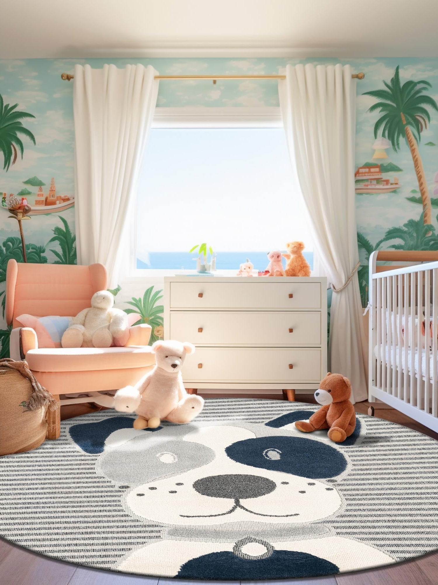 Blue and Gray 7' 1 x 7' 1 Whimsy Kids Round Area Rug for Baby Nursery, Toddler Playroom,  Bedrooms Playful Fun Design Easy Clean Carpet for Sale at Rug Engine