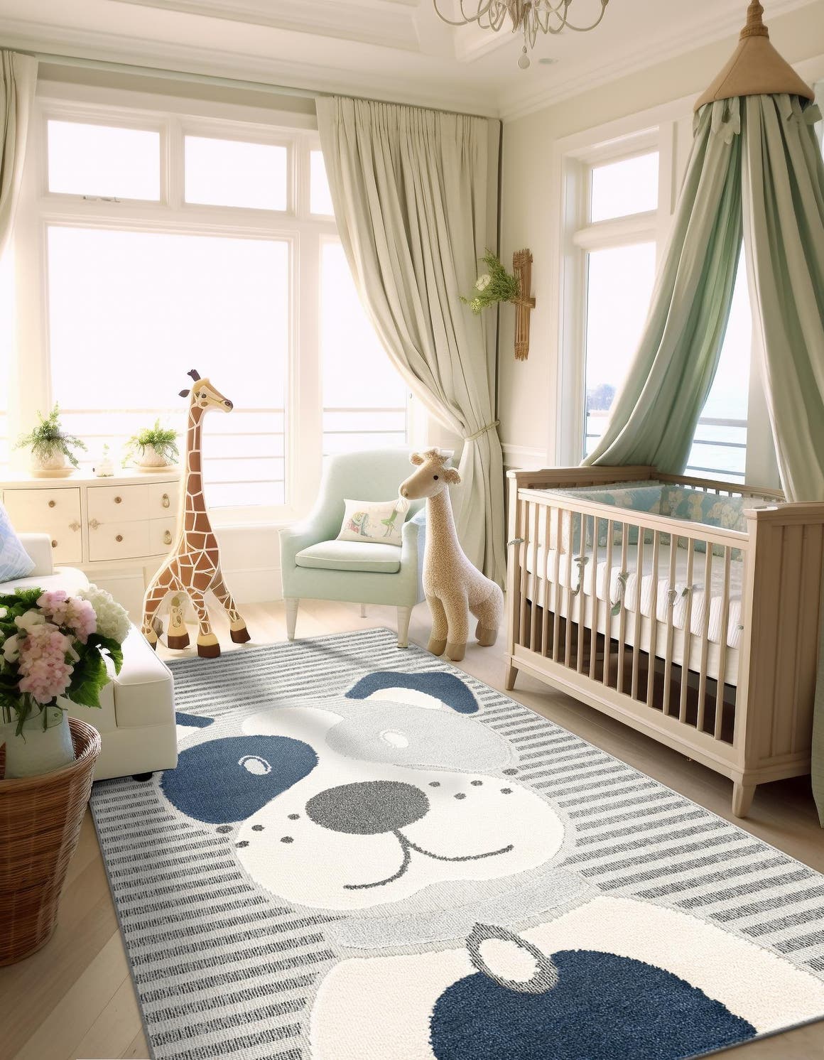 Blue and Gray 5' 3 x 8' Whimsy Kids Rectangle Area Rug for Baby Nursery, Toddler Playroom, Bedrooms