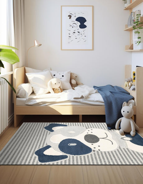 Blue and Gray 5' 3 x 8' Whimsy Kids Rectangle Area Rug for Baby Nursery, Toddler Playroom,  Bedrooms Playful Fun Design Easy Clean Carpet for Sale at Rug Engine