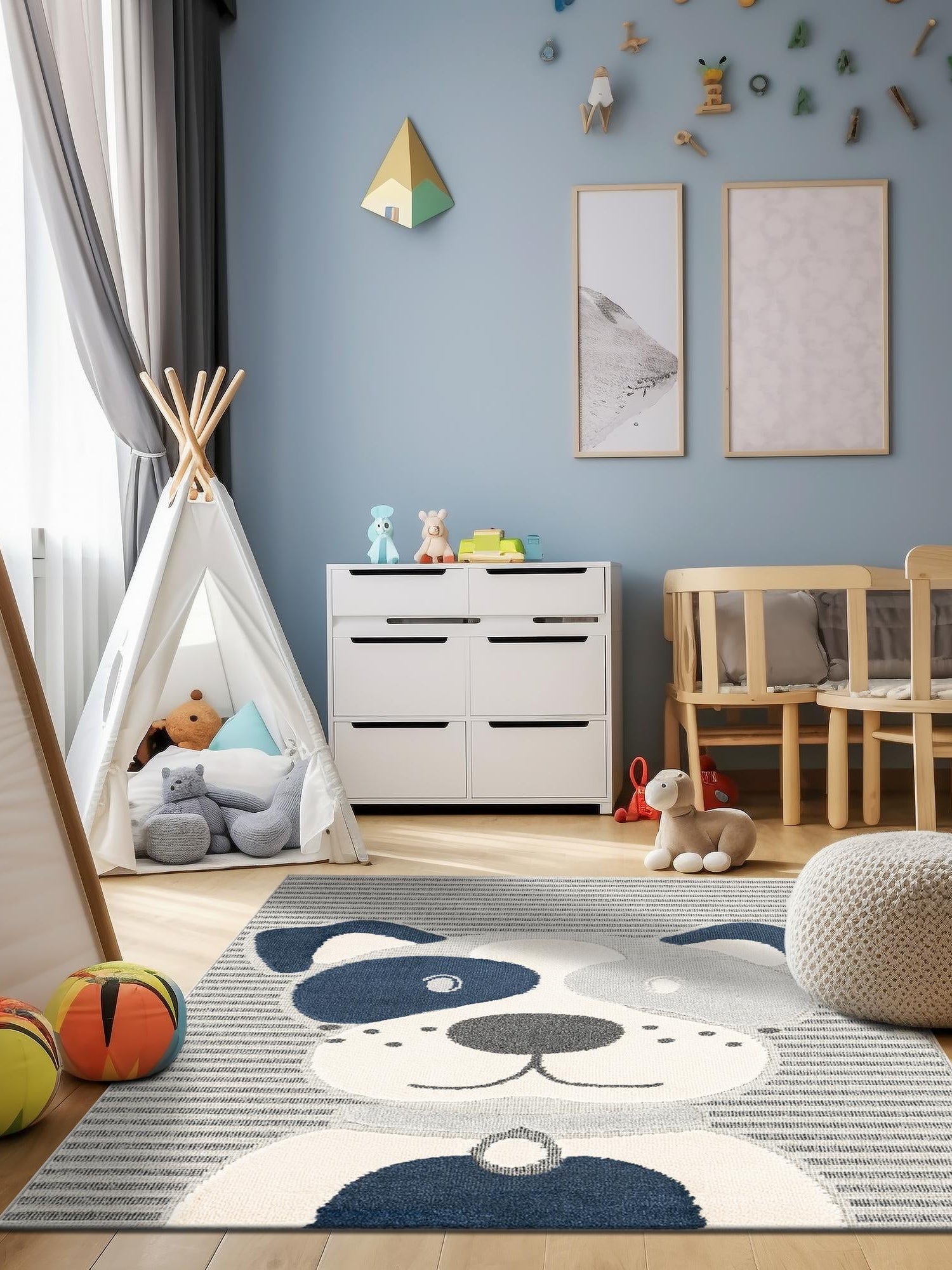 Blue and Gray 6' 1 x 9' Whimsy Kids Rectangle Area Rug for Baby Nursery, Toddler Playroom,  Bedrooms Playful Fun Design Easy Clean Carpet for Sale at Rug Engine