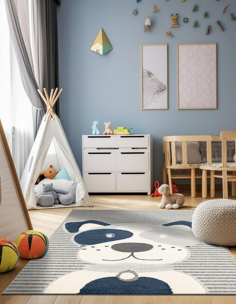 Blue and Gray 5' 1 x 7' 1 Whimsy Kids Rectangle Area Rug for Baby Nursery, Toddler Playroom,  Bedrooms Playful Fun Design Easy Clean Carpet for Sale at Rug Engine