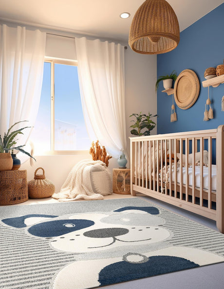 Blue and Gray 5' 1 x 7' 1 Whimsy Kids Rectangle Area Rug for Baby Nursery, Toddler Playroom,  Bedrooms Playful Fun Design Easy Clean Carpet for Sale at Rug Engine