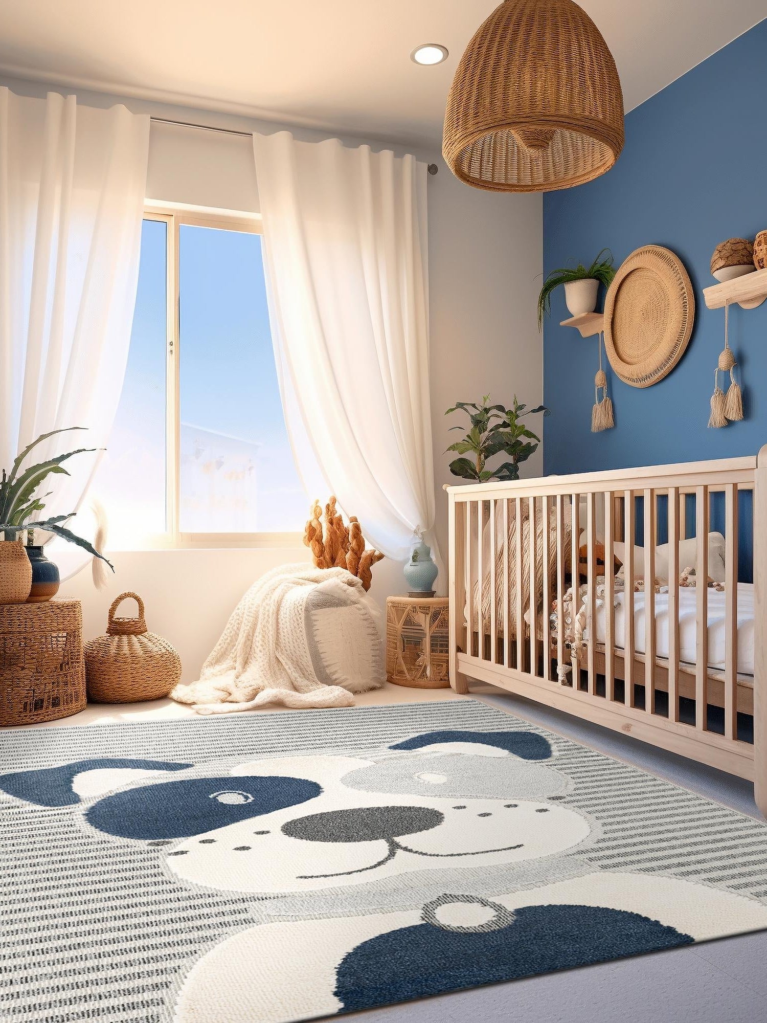 Blue and Gray 9' x 12' Whimsy Kids Rectangle Area Rug for Baby Nursery, Toddler Playroom, Bedrooms