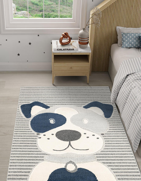 Blue and Gray 5' 1 x 7' 1 Whimsy Kids Rectangle Area Rug for Baby Nursery, Toddler Playroom,  Bedrooms Playful Fun Design Easy Clean Carpet for Sale at Rug Engine
