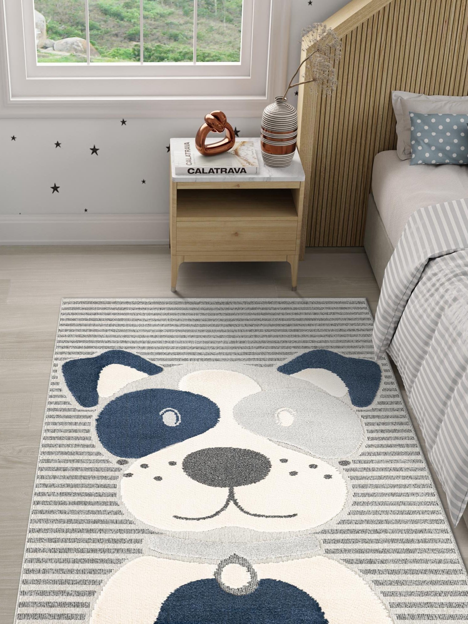 Blue and Gray 6' 1 x 9' Whimsy Kids Rectangle Area Rug for Baby Nursery, Toddler Playroom,  Bedrooms Playful Fun Design Easy Clean Carpet for Sale at Rug Engine
