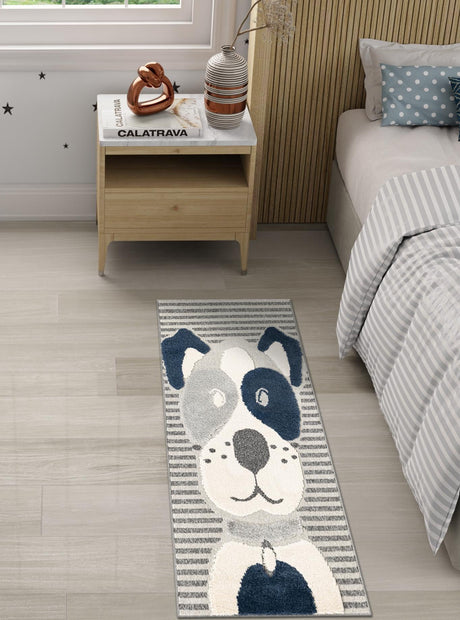 Blue and Gray 2' 7 x 6' 1 Whimsy Kids Runner Area Rug for Baby Nursery, Toddler Playroom,  Bedrooms Playful Fun Design Easy Clean Carpet for Sale at Rug Engine