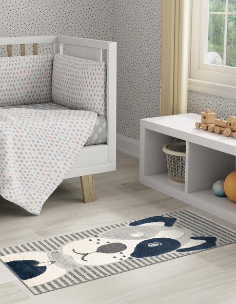 Blue and Gray 2' 7 x 8' Whimsy Kids Runner Area Rug for Baby Nursery, Toddler Playroom,  Bedrooms Playful Fun Design Easy Clean Carpet for Sale at Rug Engine