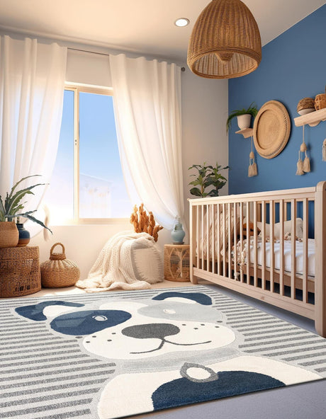 Blue and Gray 7' 10 x 7' 10 Whimsy Kids Square Area Rug for Baby Nursery, Toddler Playroom, Bedrooms
