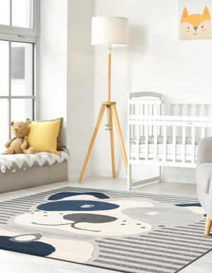Blue and Gray 7' 10 x 7' 10 Whimsy Kids Square Area Rug for Baby Nursery, Toddler Playroom, Bedrooms