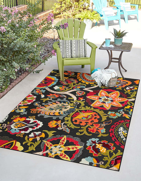 Multicolor Black 4' 1 x 6' 1 Outdoor Casablanca Rectangle Area Rug Weather Resistant for Patio, Deck, Terrace, Balcony, Porch Polypropylene Vivid Colorful Modern Carpet for Sale at Rug Engine