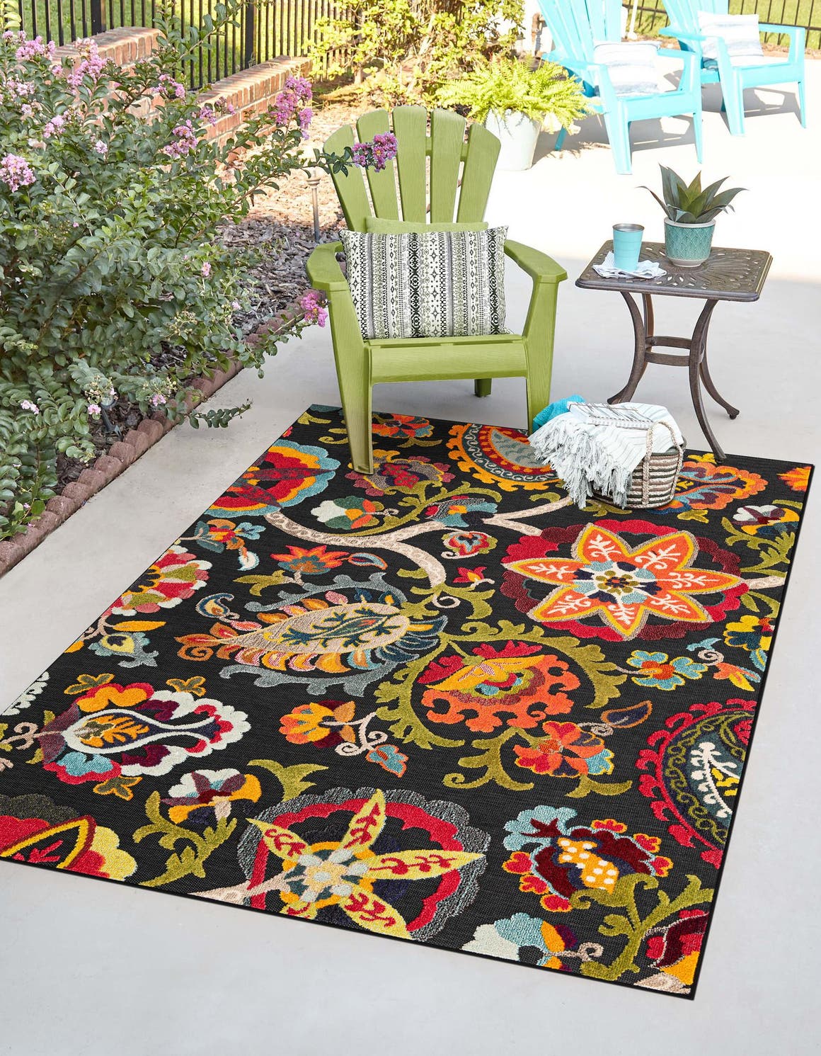 Multicolor Black 9' x 12' Outdoor Casablanca Rectangle Area Rug Weather Resistant for Patio, Deck, Terrace, Balcony, Porch Polypropylene Vivid Colorful Modern Carpet for Sale at Rug Engine
