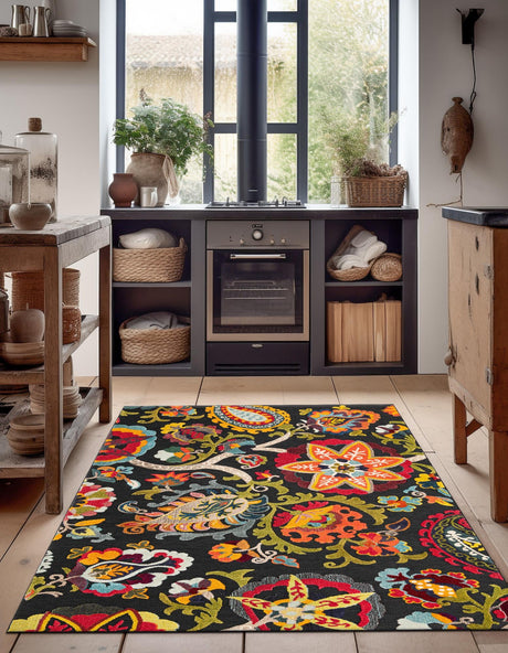 Multicolor Black 5' 3 x 8' Outdoor Casablanca Rectangle Area Rug Weather Resistant for Patio, Deck, Terrace, Balcony, Porch Polypropylene Vivid Colorful Modern Carpet for Sale at Rug Engine