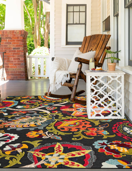 Multicolor Black 5' 1 x 7' 1 Outdoor Casablanca Rectangle Area Rug Weather Resistant for Patio, Deck, Terrace, Balcony, Porch Polypropylene Vivid Colorful Modern Carpet for Sale at Rug Engine