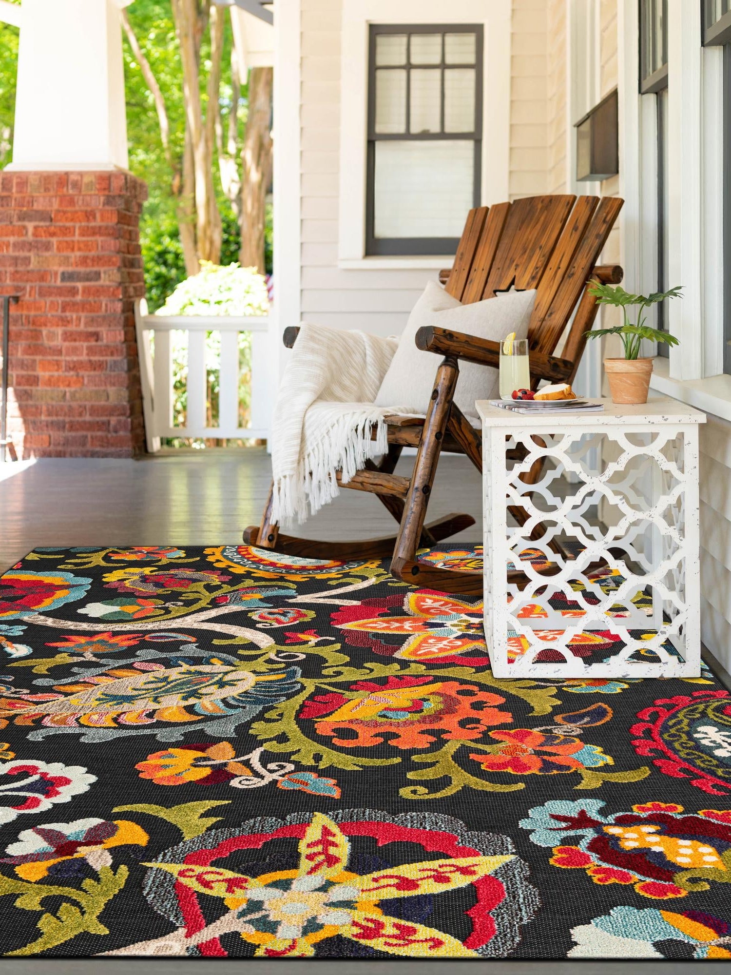 Multicolor Black 9' x 12' Outdoor Casablanca Rectangle Area Rug Weather Resistant for Patio, Deck, Terrace, Balcony, Porch Polypropylene Vivid Colorful Modern Carpet for Sale at Rug Engine