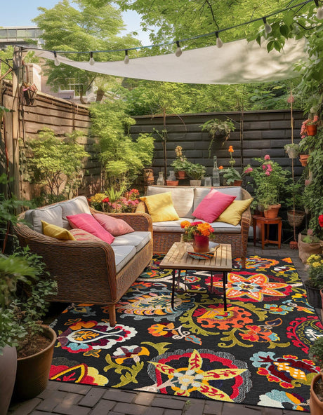 Multicolor Black 5' 3 x 8' Outdoor Casablanca Rectangle Area Rug Weather Resistant for Patio, Deck, Terrace, Balcony, Porch Polypropylene Vivid Colorful Modern Carpet for Sale at Rug Engine