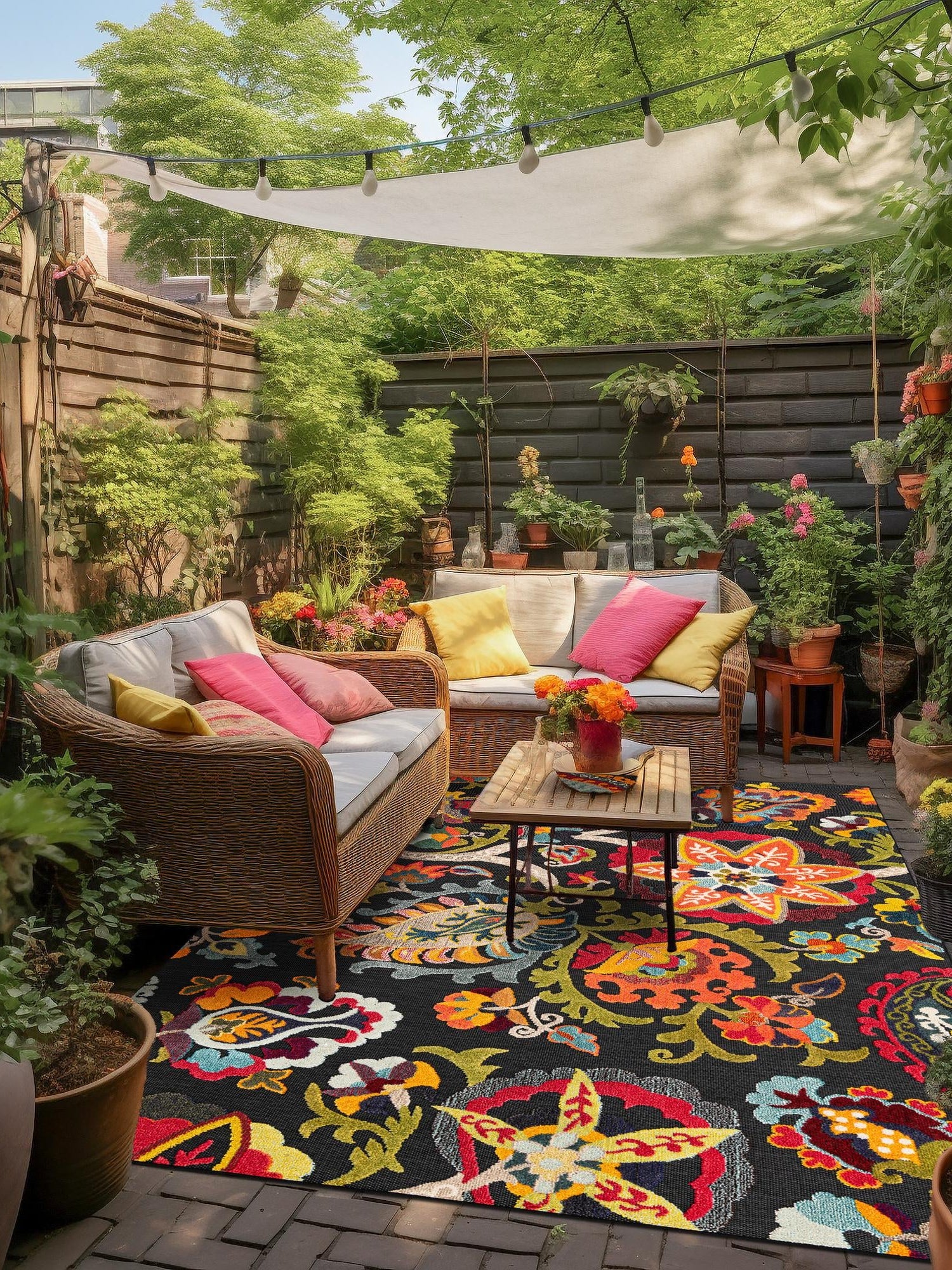 Multicolor Black 7' 10 x 10' Outdoor Casablanca Rectangle Area Rug Weather Resistant for Patio, Deck, Terrace, Balcony, Porch Polypropylene Vivid Colorful Modern Carpet for Sale at Rug Engine