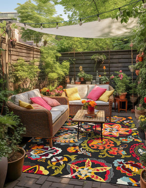 Multicolor Black 4' 1 x 6' 1 Outdoor Casablanca Rectangle Area Rug Weather Resistant for Patio, Deck, Terrace, Balcony, Porch Polypropylene Vivid Colorful Modern Carpet for Sale at Rug Engine