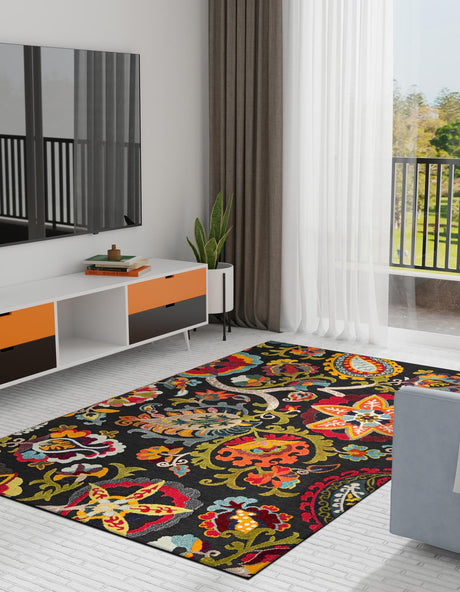 Multicolor Black 7' 10 x 10' Outdoor Casablanca Rectangle Area Rug Weather Resistant for Patio, Deck, Terrace, Balcony, Porch Polypropylene Vivid Colorful Modern Carpet for Sale at Rug Engine