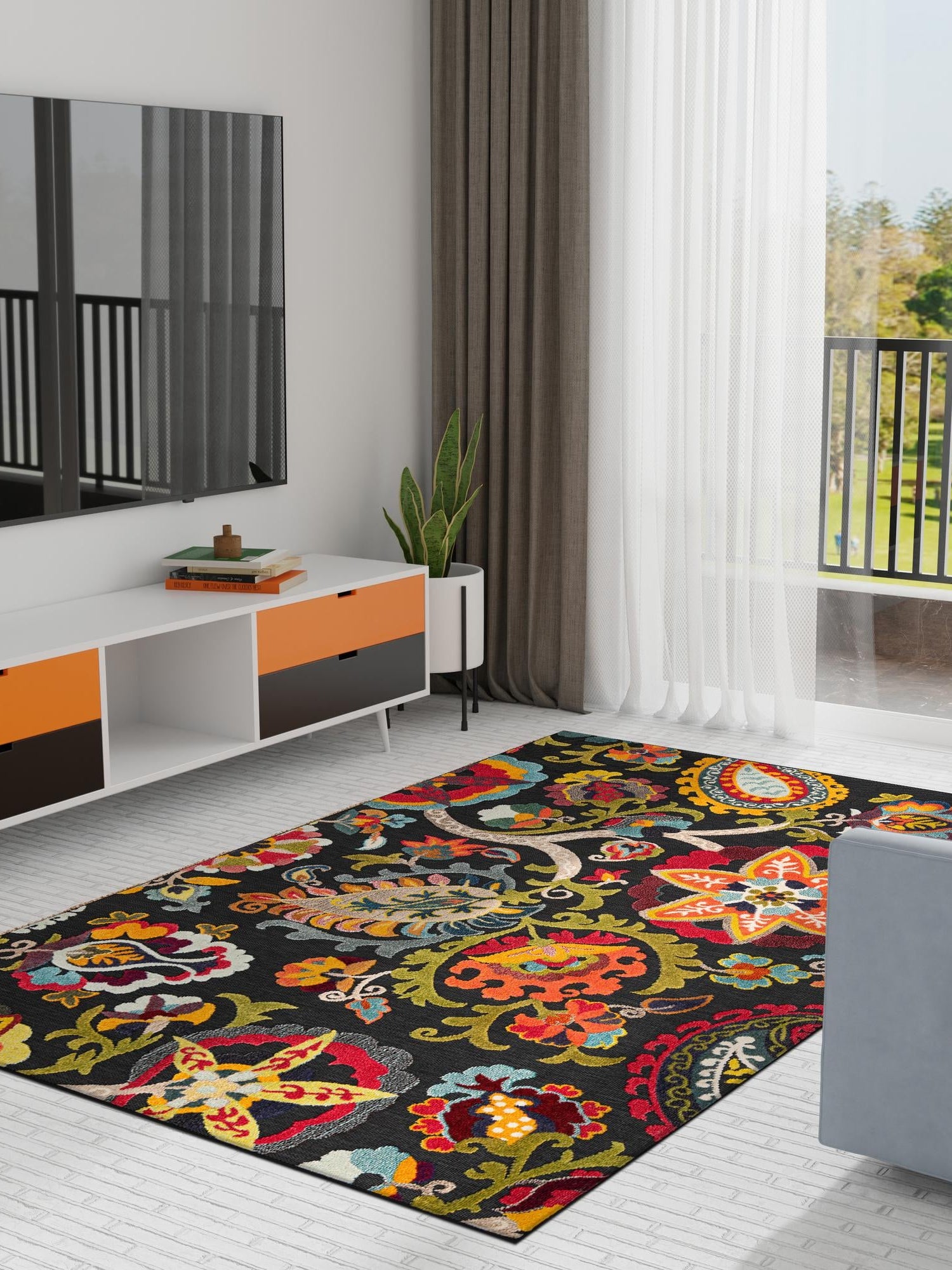 Multicolor Black 6' 1 x 9' Outdoor Casablanca Rectangle Area Rug Weather Resistant for Patio, Deck, Terrace, Balcony, Porch Polypropylene Vivid Colorful Modern Carpet for Sale at Rug Engine